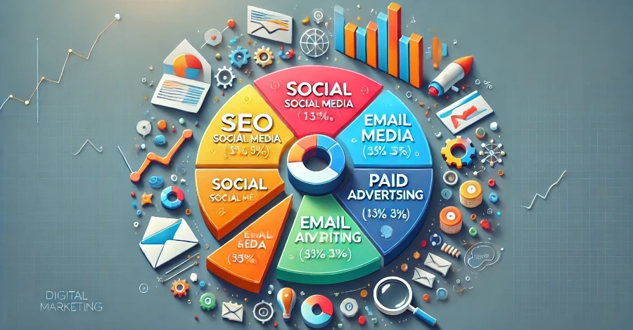 Gráfico de pizza mostrando a distribuição das principais estratégias de marketing digital.
Vou criar a segunda imagem agora. Um momento, por favor