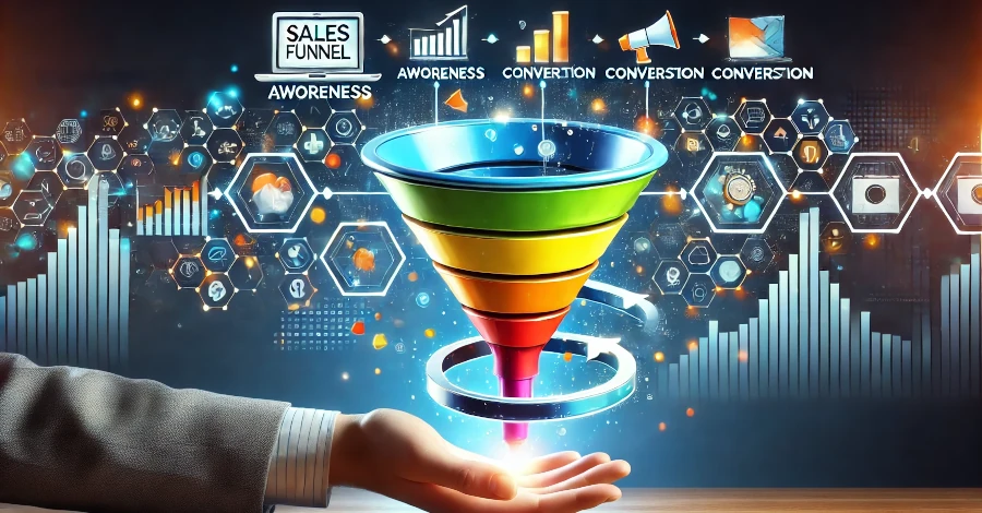 Uma ilustração criativa de um funil de vendas digital, mostrando as etapas desde a conscientização até a conversão, com foco em estratégias de marketing digital para promover um novo produto