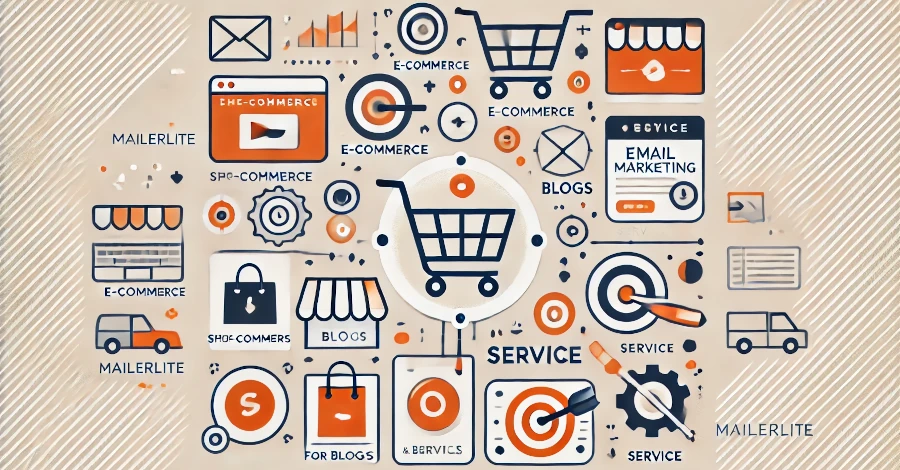 Imagem clean representando exemplos práticos de uso do MailerLite em e-commerce, blogs e empresas de serviço