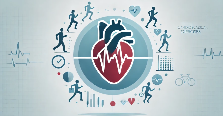 Imagem clean representando a importância dos exercícios cardiovasculares, com ícones de um coração saudável e pessoas se exercitando