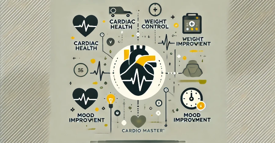 Imagem clean destacando os benefícios do Cardio Master para a saúde, incluindo ícones de saúde cardíaca, controle de peso e redução do estresse
