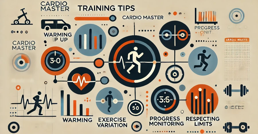 Imagem clean com ícones representando dicas de treinamento com o Cardio Master, como aquecimento, variação de exercícios e monitoramento de progresso