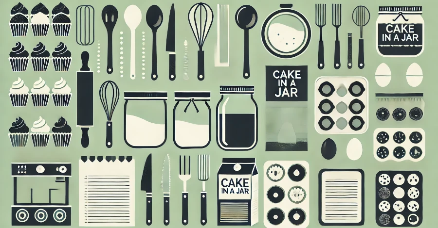 Imagem clean representando os equipamentos e ingredientes necessários para fazer bolo no pote, com ícones de utensílios de cozinha e embalagens