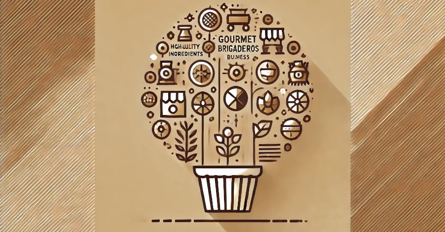 Imagem clean representando o conceito de brigadeiro gourmet como um negócio lucrativo, com ícones de produção acessível e mercado diversificado