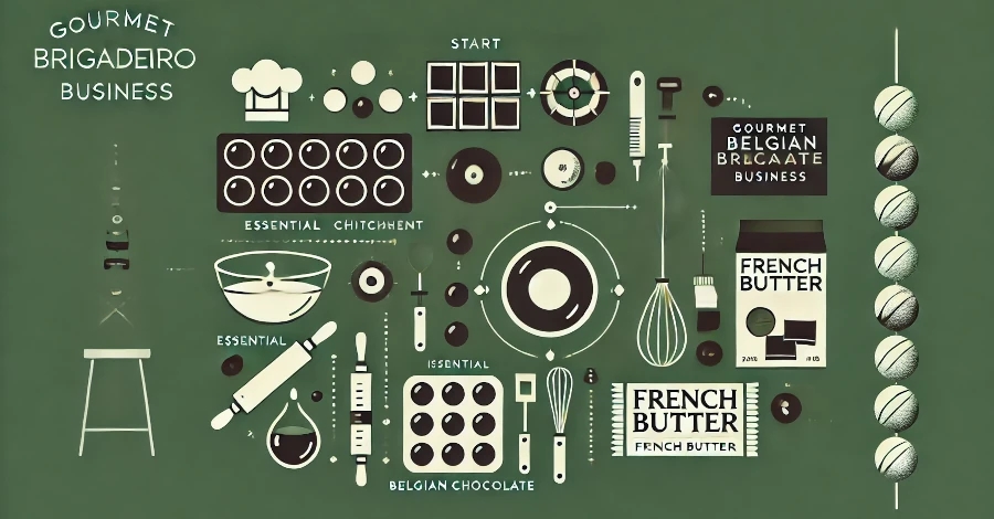 Imagem clean representando os passos iniciais para criar um negócio de brigadeiro gourmet, com ícones de equipamentos e ingredientes de alta qualidade