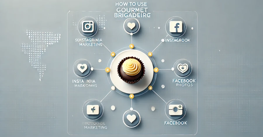 Imagem clean representando como utilizar o marketing digital para ampliar o alcance do seu negócio de brigadeiro gourmet, com ícones de redes sociais e fotos de alta qualidade