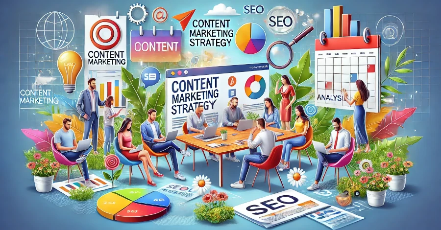 Ilustração digital mostrando uma equipe de marketing planejando uma estratégia de marketing de conteúdo