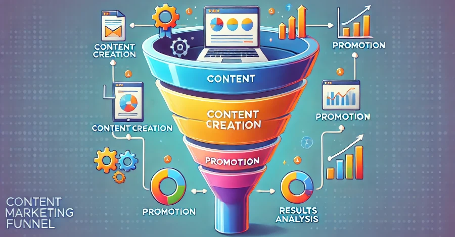 Ilustração de um funil de marketing de conteúdo, destacando as etapas de criação, promoção e análise de resultados em uma estratégia de marketing