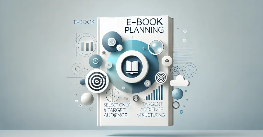 Gráfico minimalista representando o planejamento de um e-book, incluindo escolha de tema, público-alvo e estruturação de conteúdo