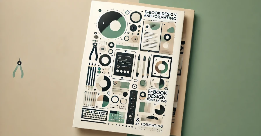 Gráfico minimalista representando o design e a formatação de um e-book, incluindo ferramentas e layout